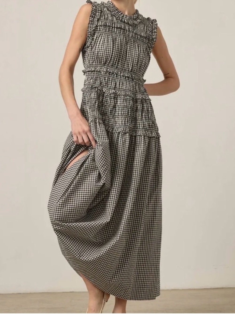 Caroline Constas Gingham Smocked Tiered Maxi Dress NWT